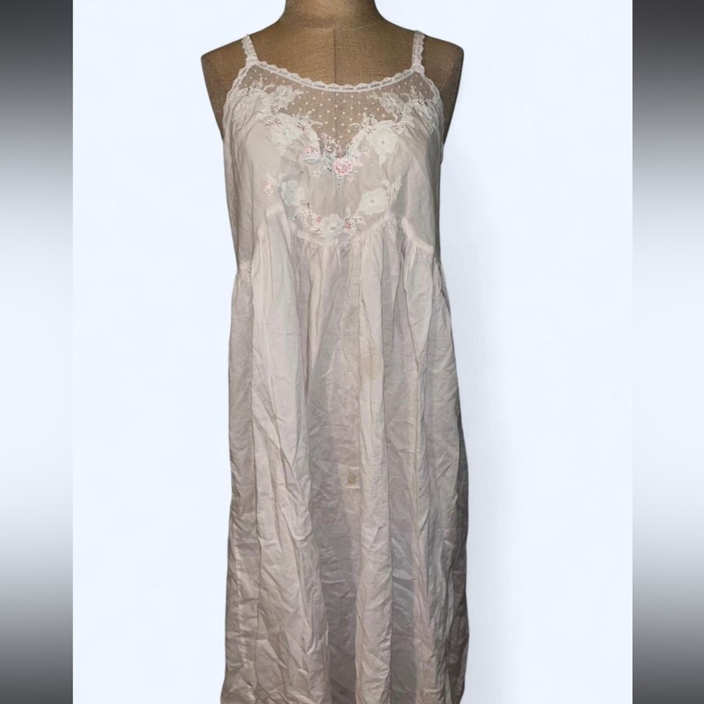 White Vintage Slip Dress with Lace and Floral embroidery Coquette Cottagecore